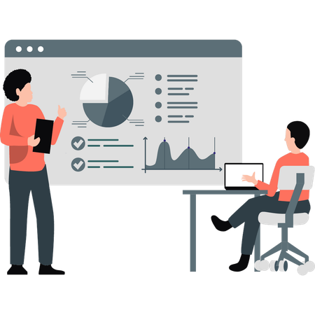 Man explaining different pieces of pie chart  Illustration