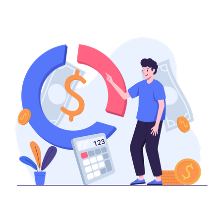 Man explaining financial doughnut chart calculations  Illustration