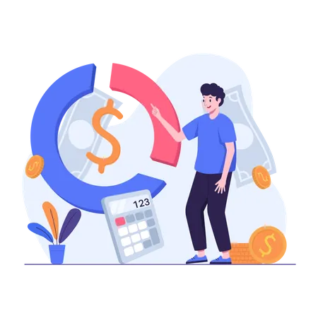 Man explaining financial doughnut chart calculations  Illustration