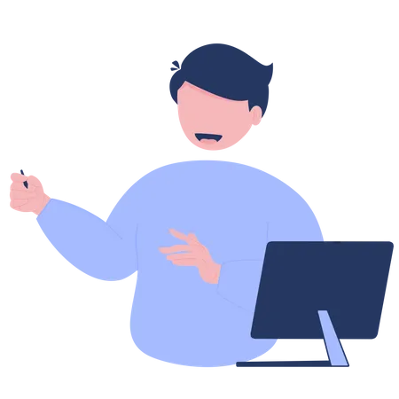 Illustration Of Man Explaining In Front Of Computer 일러스트레이션