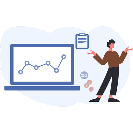 Man explaining laptop analytic  Illustration