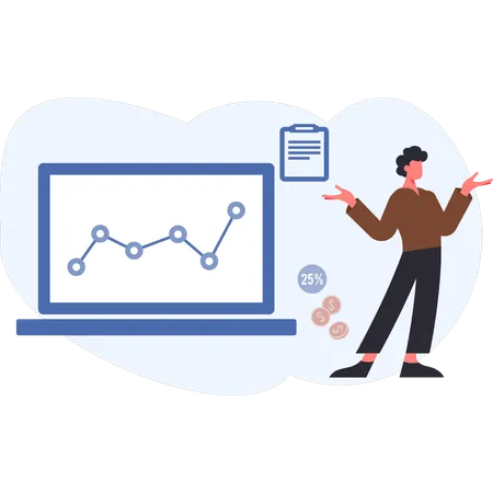 Man explaining laptop analytic  Illustration