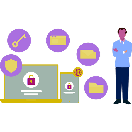 Man explaining security lock on laptop  Illustration