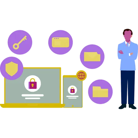 Man explaining security lock on laptop  Illustration