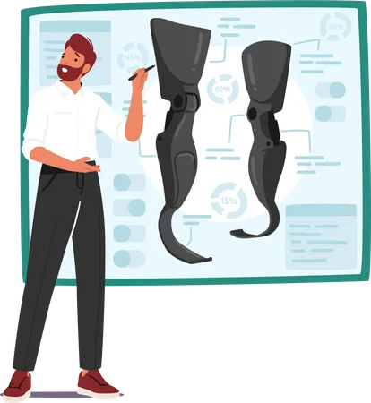 Man Explains Leg Prosthesis Options Including Surgical Mechanical And Computerized To Improve Mobility And Quality Of Life Prosthetic Engineer Male Character Cartoon People Vector Illustration Illustration