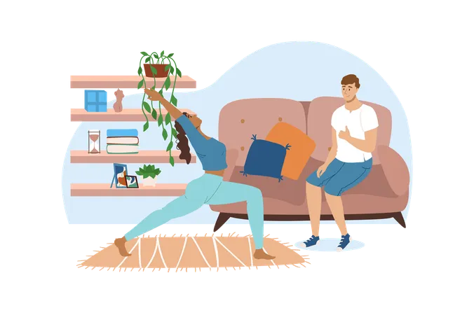 Interior Blue Concept With People Scene In The Flat Cartoon Style Man Explains To A Woman How To Do Yoga Exercises At Home Vector Illustration Illustration