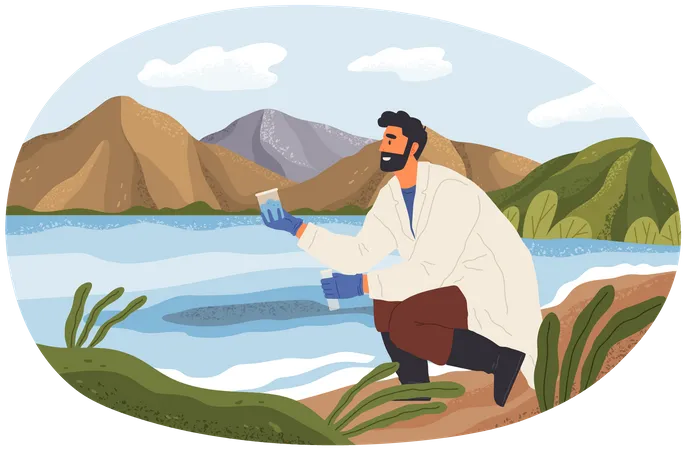 Man Exploring Nature Analyzing River Water Researcher Takes Samples Of Biomaterial Environmental And Ecology Research Scientist Conducts Ecological Experiment Explorers Work With Water In Lake Illustration