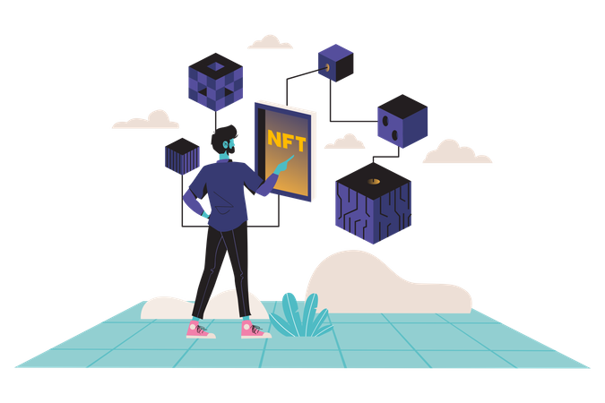 Man exploring NFT art blockchain  Illustration