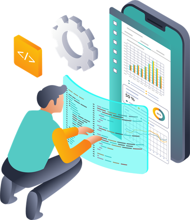 Man Exploring Programming Languages for Technology Data Analysis  Illustration