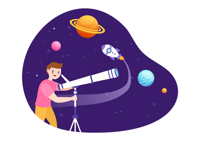 Man Exploring Space Through Telescope Illustration