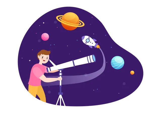 Man Exploring Space Through Telescope Illustration