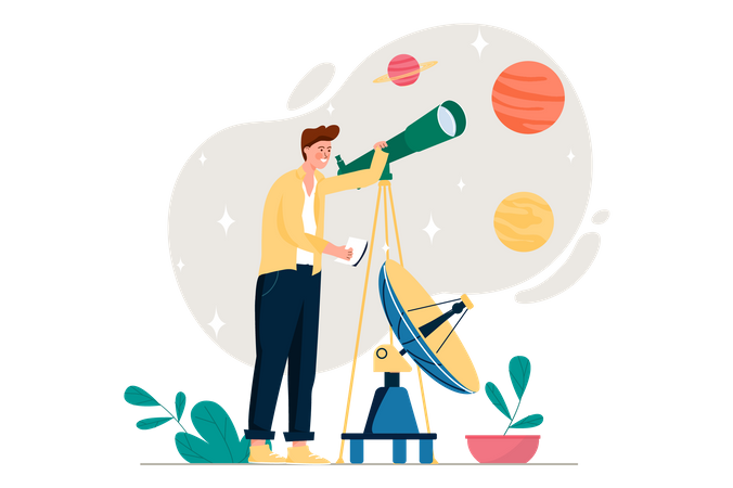 Man Exploring Space Through Telescope  Illustration