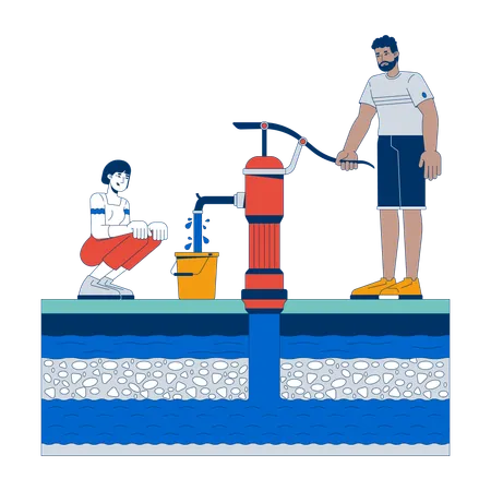 Man extracting groundwater using hand pump  Illustration