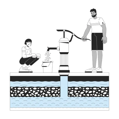 Man extracting groundwater using hand pump  Illustration