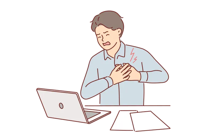 Businessman Clutching Heart Feeling Pain Or Infarct Doing Paperwork In Office Man Sitting At Desk With Laptop Experiencing Heart Attack Associated With Sedentary Work And Lack Of Rest Illustration