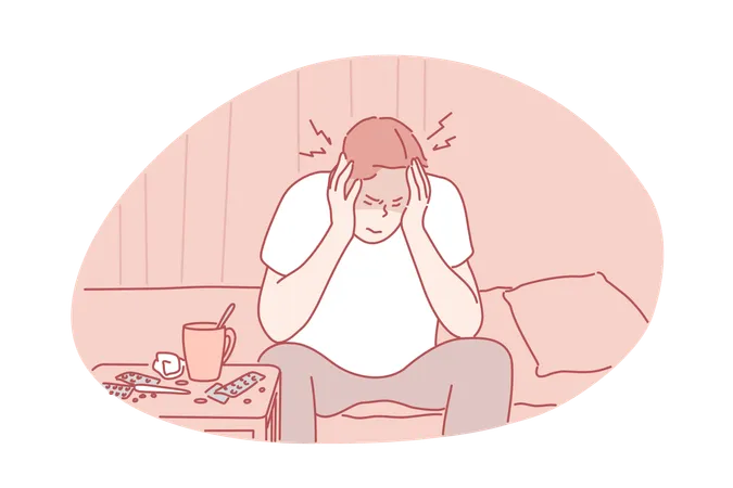 Migraine Headache Desease Concept Young Man Has Headache And Suffers From Pain Migraine Is Symptom Of Hangover Unhappy Boy Holding His Head And Is In Pain Because Of Flu Simple Flat Vector Illustration