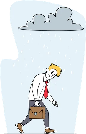Professional Crisis Concept Depressed Business Man With Briefcase Suffer Of Problems Feel Frustrated Walking Under Rainy Cloud Above Head Sad Or Desperate Male Character Linear Vector Illustration Illustration