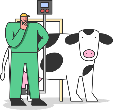 Man Factory Worker Controls Process Of Milking Cows And Quality Of Production On Milk Plant Illustration