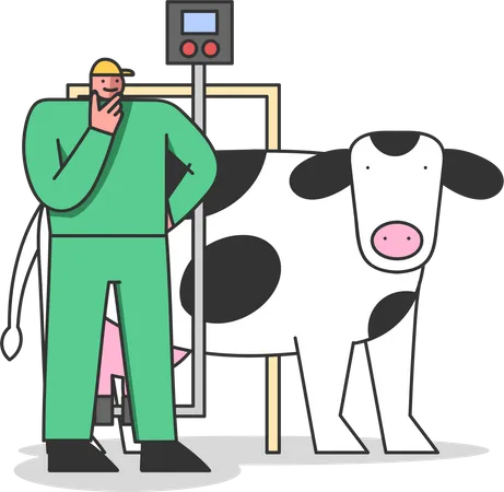 Man Factory Worker Controls Process Of Milking Cows And Quality Of Production On Milk Plant Illustration