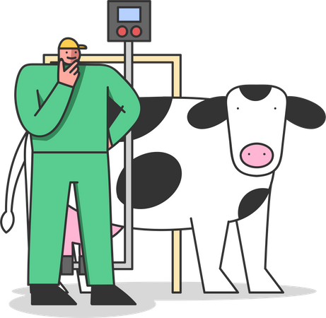 Man Factory Worker Controls Process Of Milking Cows And Quality Of Production On Milk Plant  Illustration