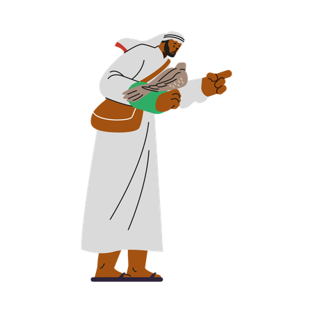 Man falconer in traditional kandora and headdress holding falcon on his hand  Illustration