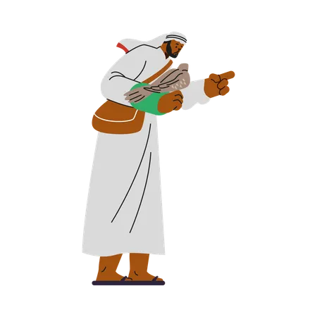 Man falconer in traditional kandora and headdress holding falcon on his hand  Illustration