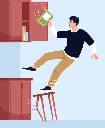 Man Falls Off Chair Semi Flat Vector Illustration Broken Chair Leg Dining Room Opened Wall Cabinet With Cereal Inside Light Mess In Kitchen 2 D Chartoon Characters For Commercial Use Illustration
