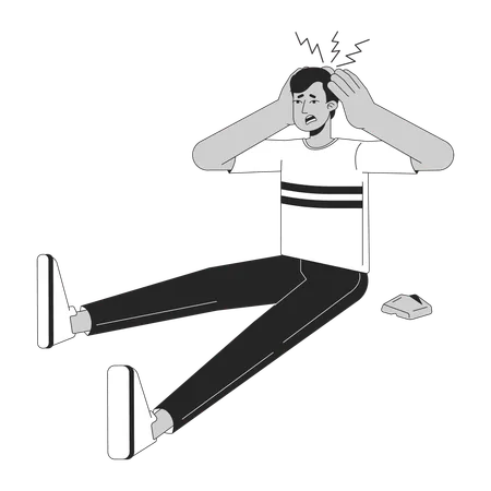 Man Sitting On Floor Flat Line Black White Vector Character Editable Outline Full Body Boy With Head Injury From Rock On White Simple Cartoon Isolated Spot Illustration For Web Graphic Design Illustration