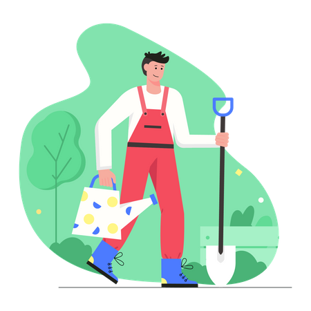 Man farmer holding shovel and watering can  Illustration