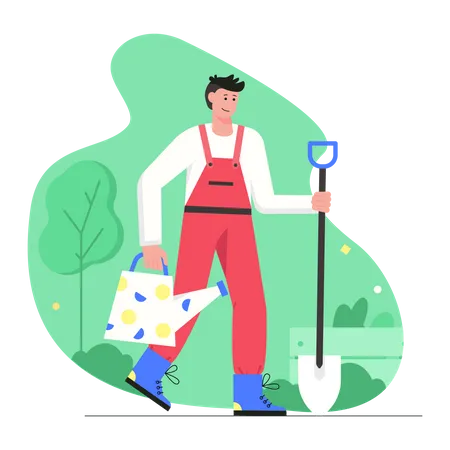Man farmer holding shovel and watering can  Illustration