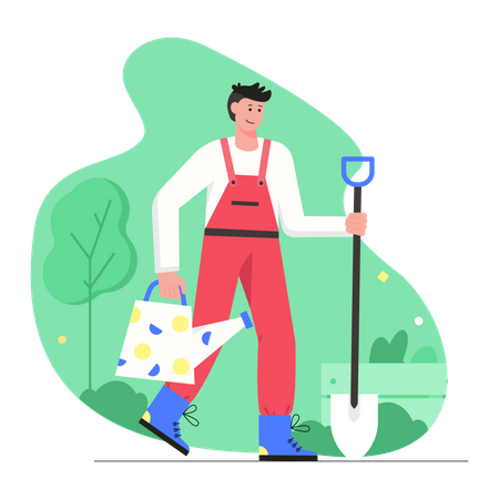 Man farmer holding shovel and watering can  Illustration