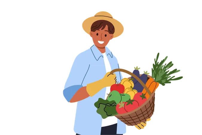 Man Farmer Holds Basket Of Fresh Vegetables In Hands Rejoicing At Excellent Harvest And Smilingly Looks At Screen Farmer Guy In Hat And Gloves Sells Organic Products Filled With Vitamins At Fair Illustration