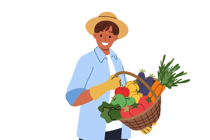 Man farmer holds basket of fresh vegetables in hands rejoicing at excellent harvest  Illustration