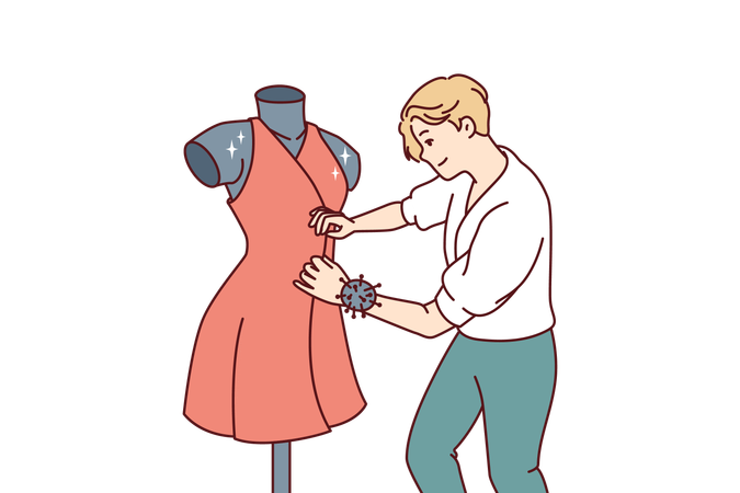 Man fashion designer sews dress fixed on mannequin preparing women outfit for haute couture week  Illustration