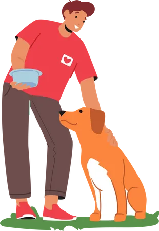 Man feeding dog in animal shelter  Illustration