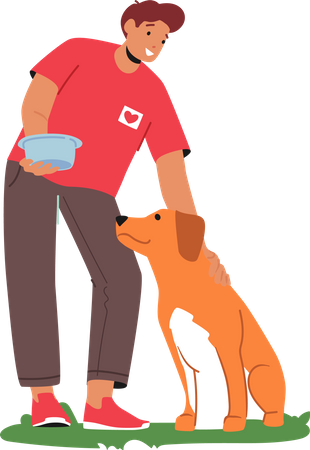 Man feeding dog in animal shelter  イラスト