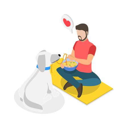 Man feeding dog while Love And Care Of Animals  Illustration