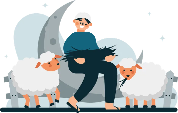 The Illustration Of A Man Feeding His Goat Evokes Feelings Of Joy Togetherness And Cultural Richness And Is An Attractive Visual Representation To Promote Eid Al Adha Celebrations Events And Products Illustration