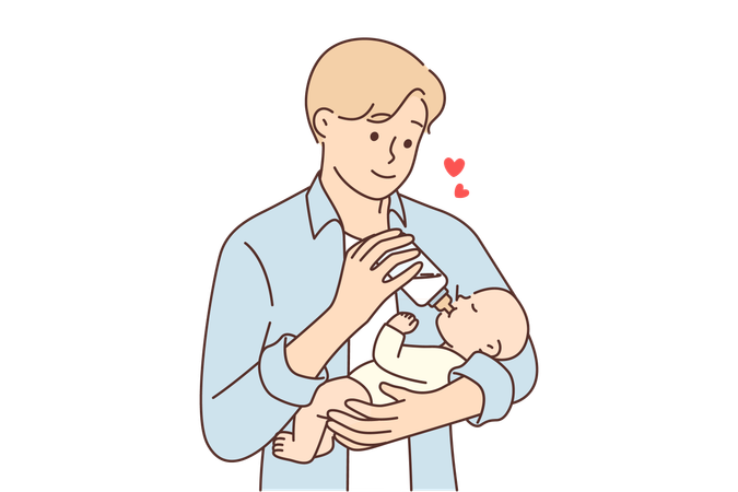Man feeds newborn baby experiencing fatherly love for baby for concept of equal parenting  Illustration