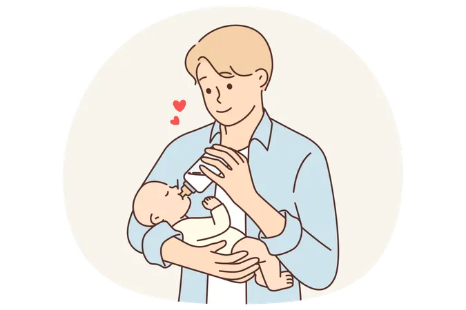 男性は、平等な子育ての概念に基づいて、赤ちゃんに対する父親の愛情を体験しながら、生まれたばかりの赤ちゃんに授乳する。  イラスト