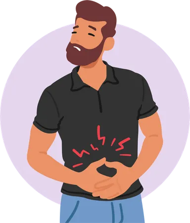 Male Character Experiencing Abdominal Discomfort Symptom Of Gastritis Man Feel Pain And Discomfort In The Stomach Area Often Accompanied By Indigestion Cartoon People Vector Illustration イラスト