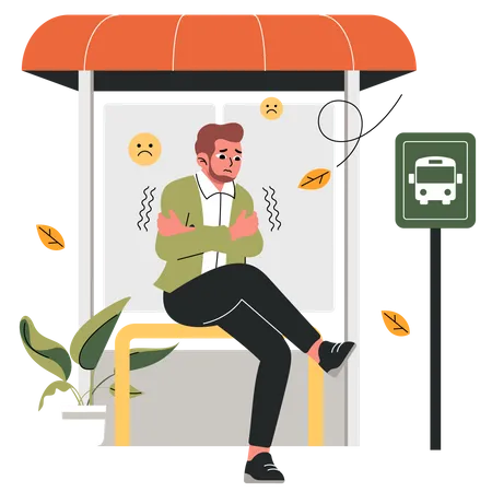 Man feeling cold while waiting at bus stop  Illustration