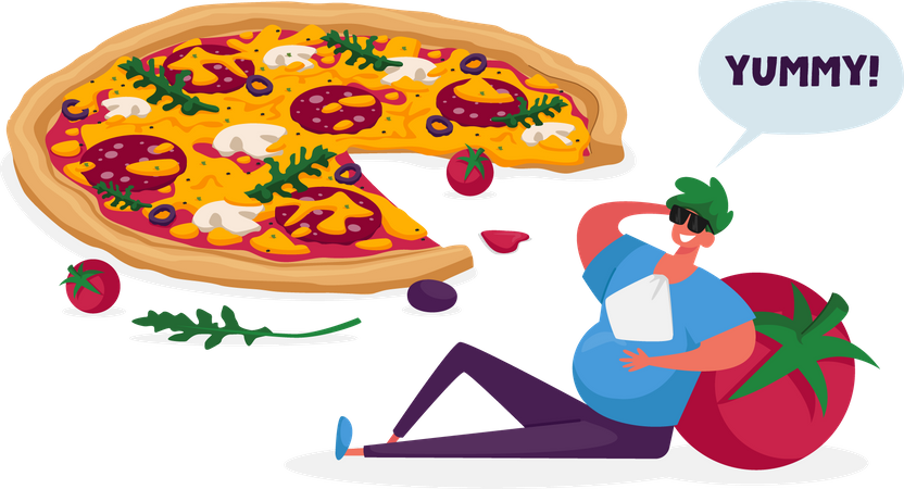 Man feeling full after eating tasty Italian pizza  Illustration