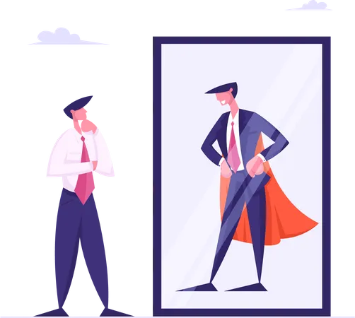 Thoughtful Business Man Look In Mirror On Reflection Of Successful Leader In Super Hero Cape Best Businessman Number One Employee Financial Goal Achievement Concept Cartoon Flat Vector Illustration Illustration