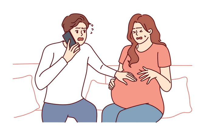 Man feeling panic for his pregnant wife  Illustration