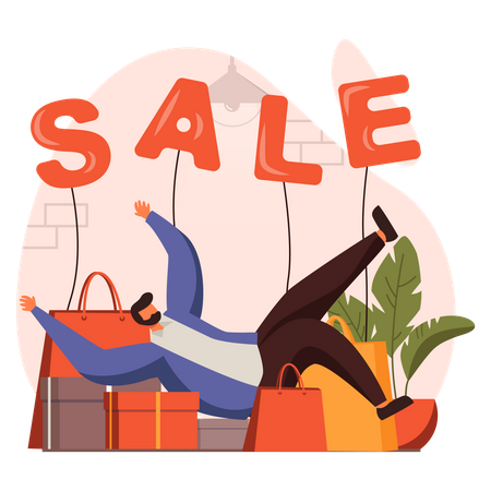 Man feeling tired by shopping on sale Illustration
