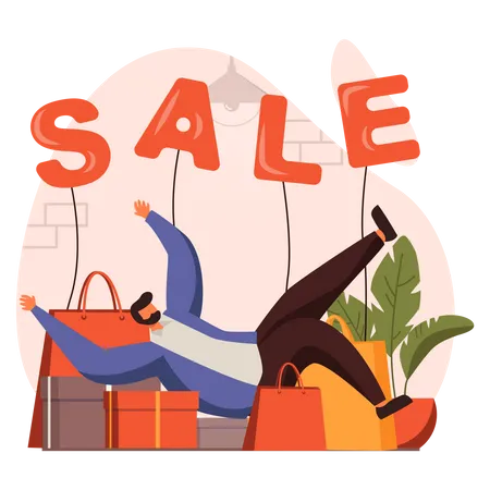 Man feeling tired by shopping on sale  Illustration