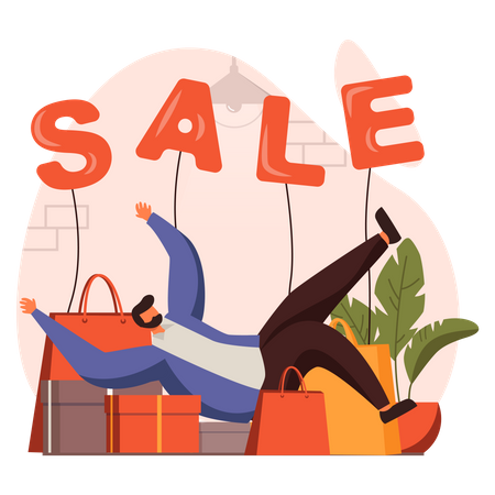 Man feeling tired by shopping on sale  Illustration