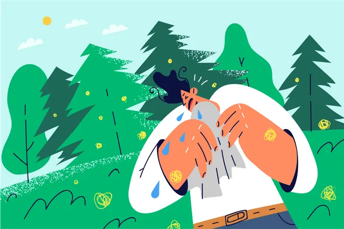 Man feeling tired in forest  Illustration