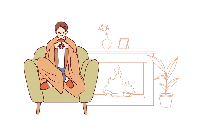 Man feels comfort and harmony sitting by fireplace with blanket on shoulders and cup of hot coffee  Illustration